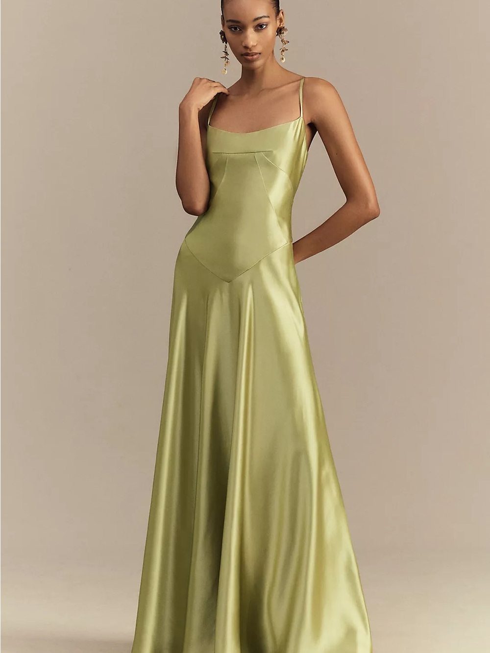 Anthropologie Lace-Back Satin Slip Dress in Light Green